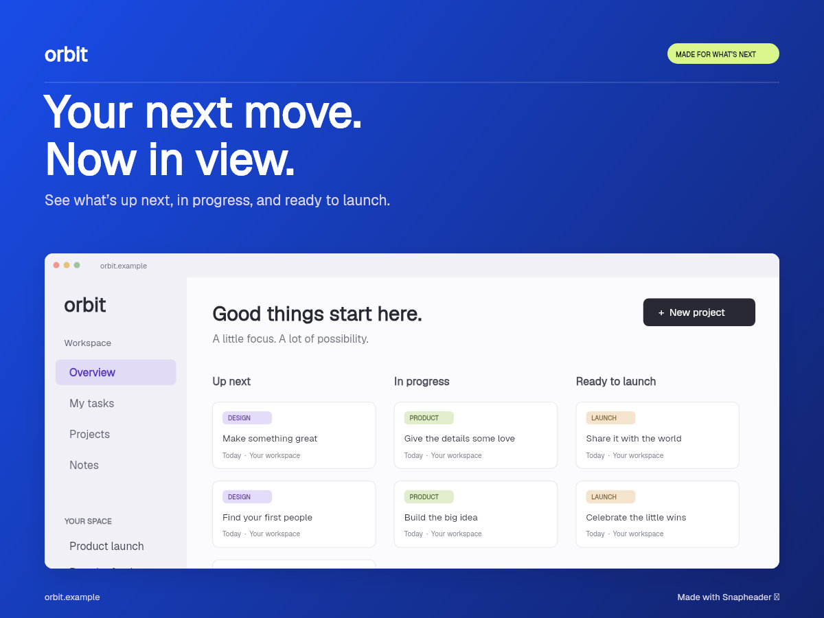 Feature announcement layout with a fictional Orbit example