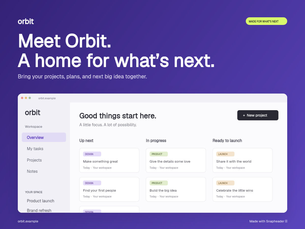 Product launch layout with a fictional Orbit example